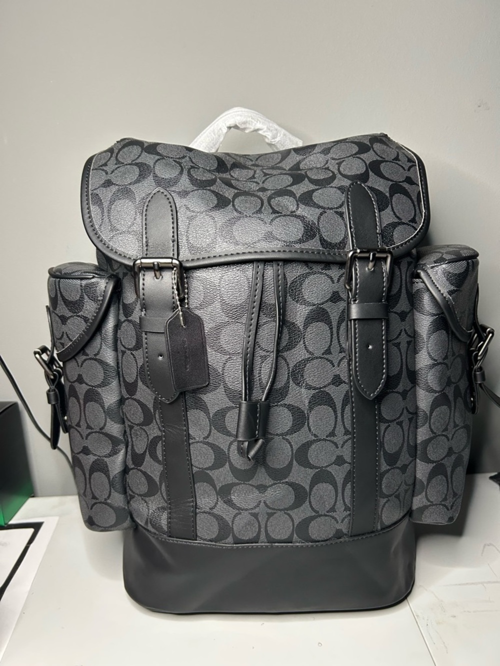 NWT Coach Men's Hitch Backpack Signature Canvas Charcoal Black C2662